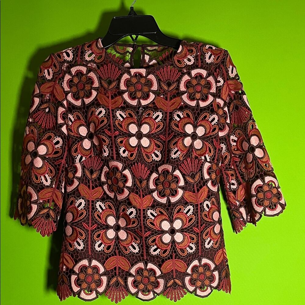 Trina Turk Colter Woven Geo Pattern Print 3/4 Sleeve Scalloped Lace Top XS - Picture 2 of 6